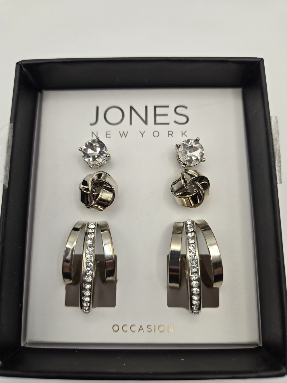 NIB Jones New York Occasion Silver-Tone Three-Pair Crystal Accent Earring Set